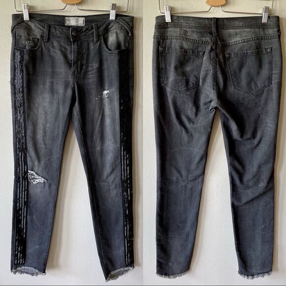 Free People Black/Gray Distressed Black Beaded Ankle Jeans - Picture 1 of 10